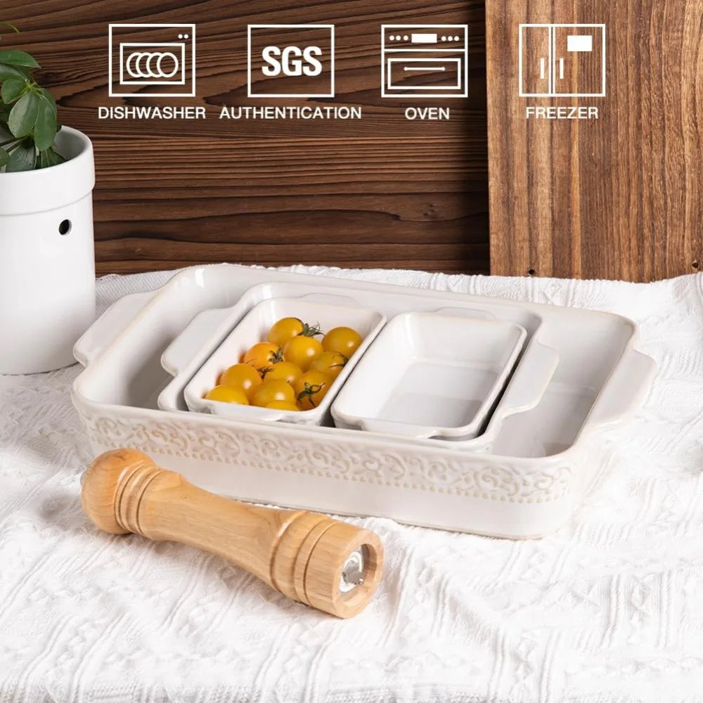 Ceramic Bakeware Set of 4, Rectangular Baking Dish with Handles, Oven Casserole Dishes for Lasagna, Gratin, Roasting, Daily Use by S And B Enterprise