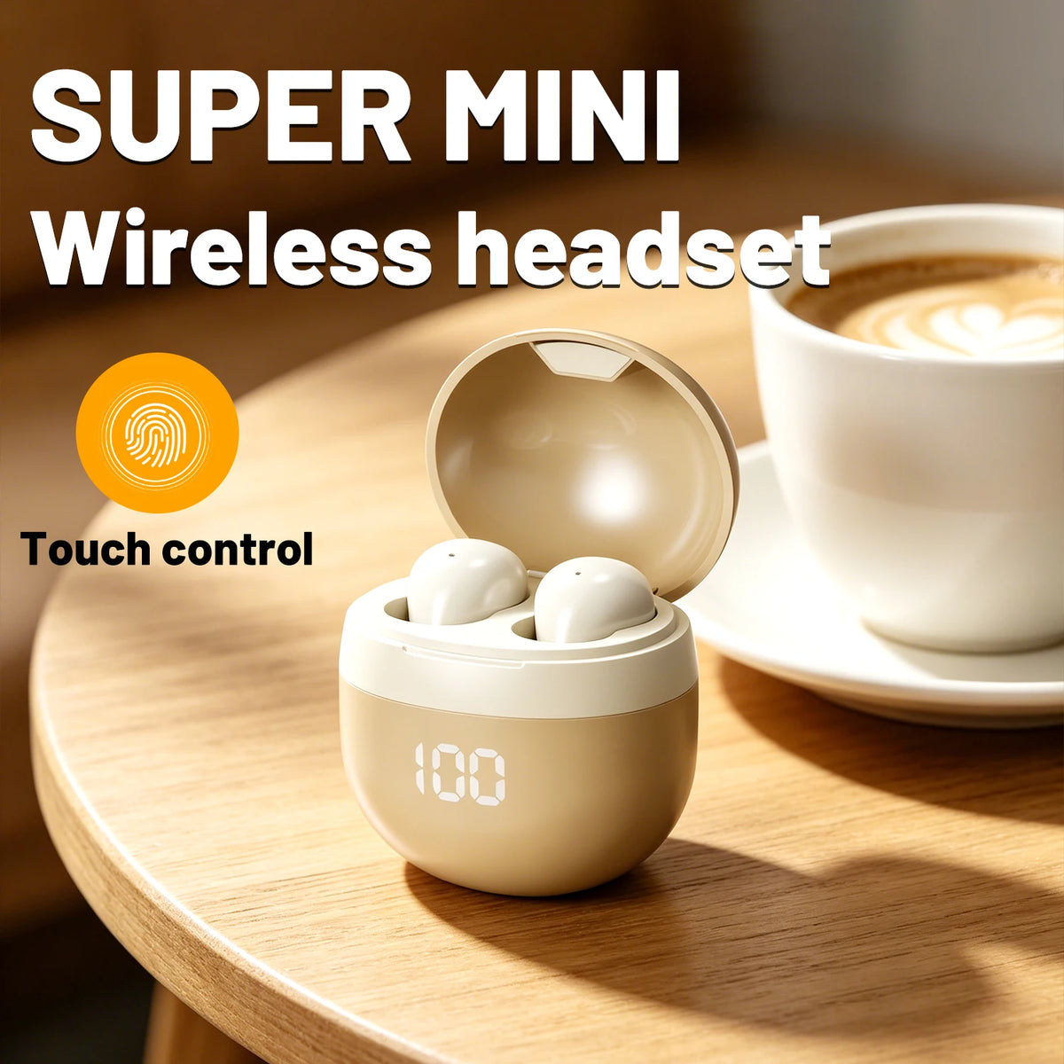 Small wireless Bluetooth headphones in a beige charging case with touch control on a wooden table beside a coffee cup