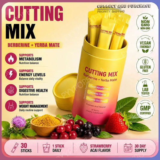 Cutting Mix Berberine + Yerba Mate drink mix sticks, 30 sticks, strawberry acai flavor