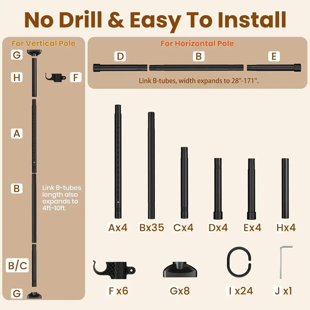 Room divider curtain rod system by S And B Enterprise; adjustable black tension rods with brackets and end caps.