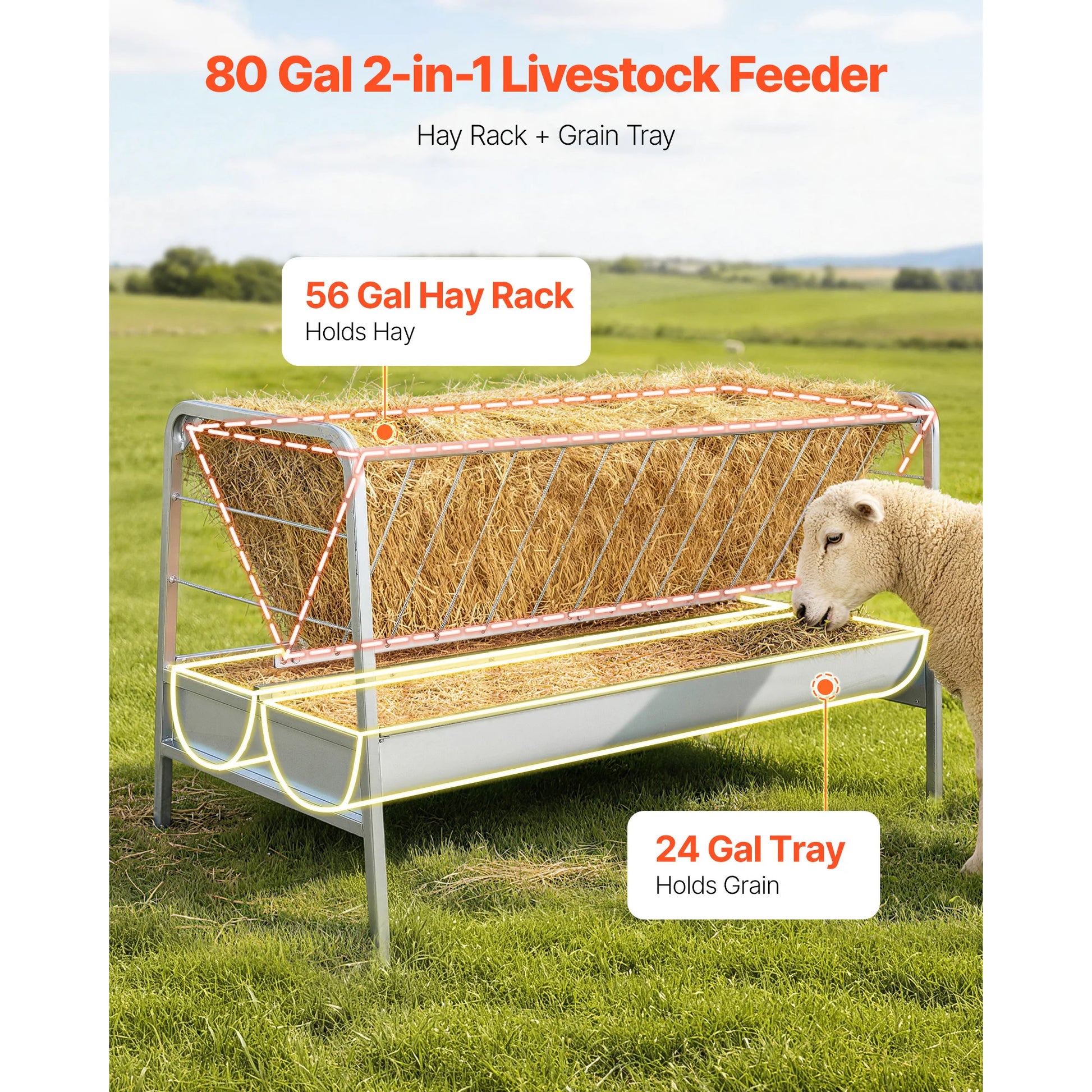 2-in-1 livestock hay feeder, 80-gallon capacity, metal hay rack with grain tray, by S And B Enterprise