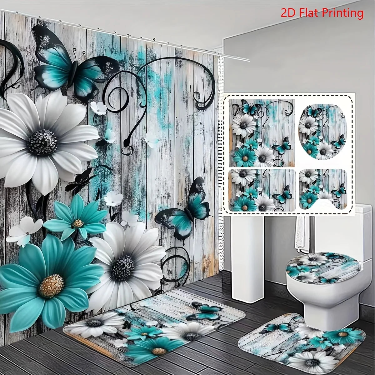 1or4 Piece Teal and White Floral Butterfly Shower Curtain Set - Modern Bathroom Decor - Washable Fabric Curtain - Rugs and Cover by S And B Enterprise