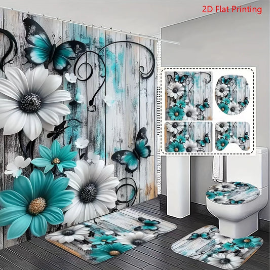 1or4 Piece Teal and White Floral Butterfly Shower Curtain Set - Modern Bathroom Decor - Washable Fabric Curtain - Rugs and Cover by S And B Enterprise