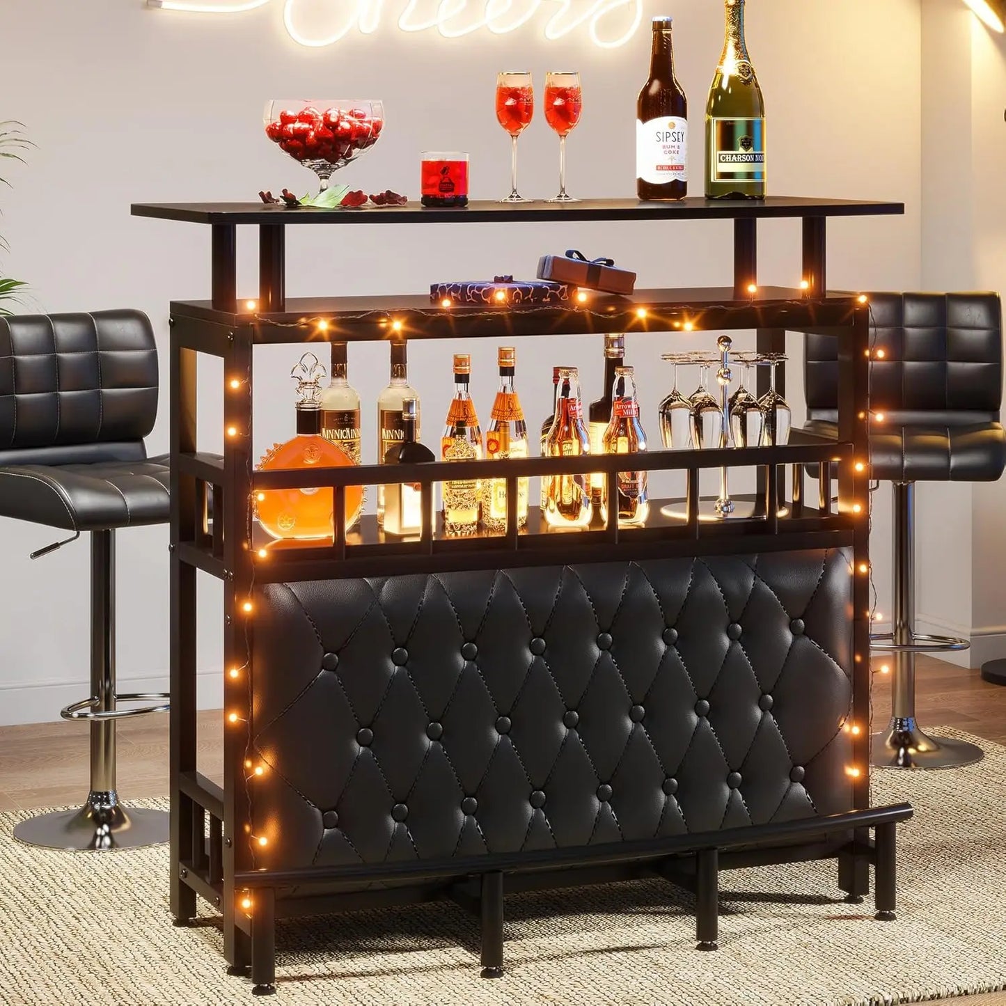 Contemporary Bar Table With Storage And Upholstered Footrest