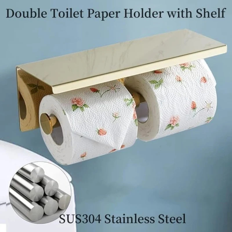 Wall-mounted double toilet paper holder with shelf in gold SUS304 stainless steel by S And B Enterprise, holds 2 rolls.