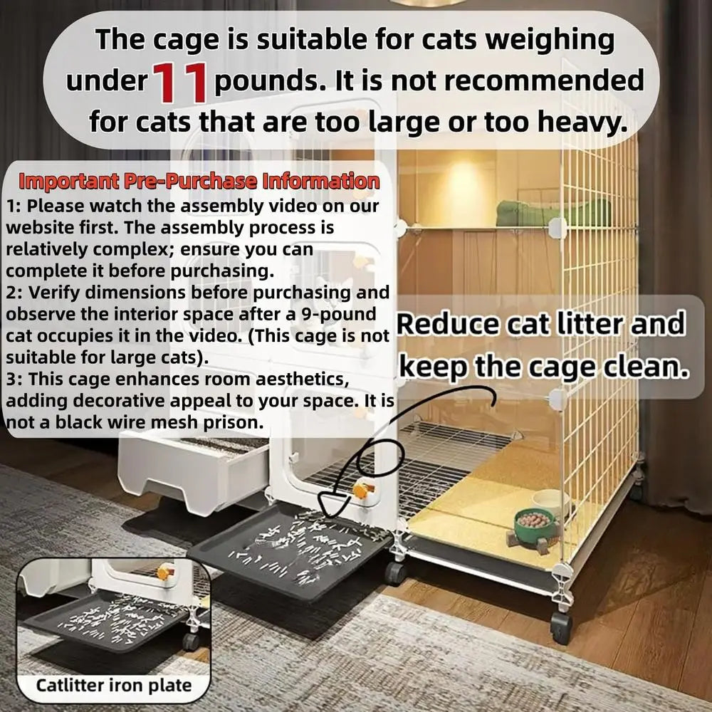 Indoor Cat Cage With Litter Box, Bed, Bowl, Wheels