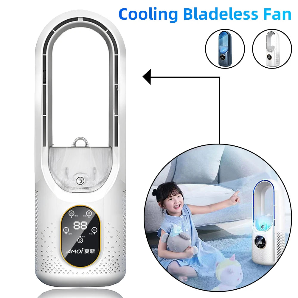 Bladeless fan air cooler portable desk evaporative humidifier by AMOI, white tower with digital display