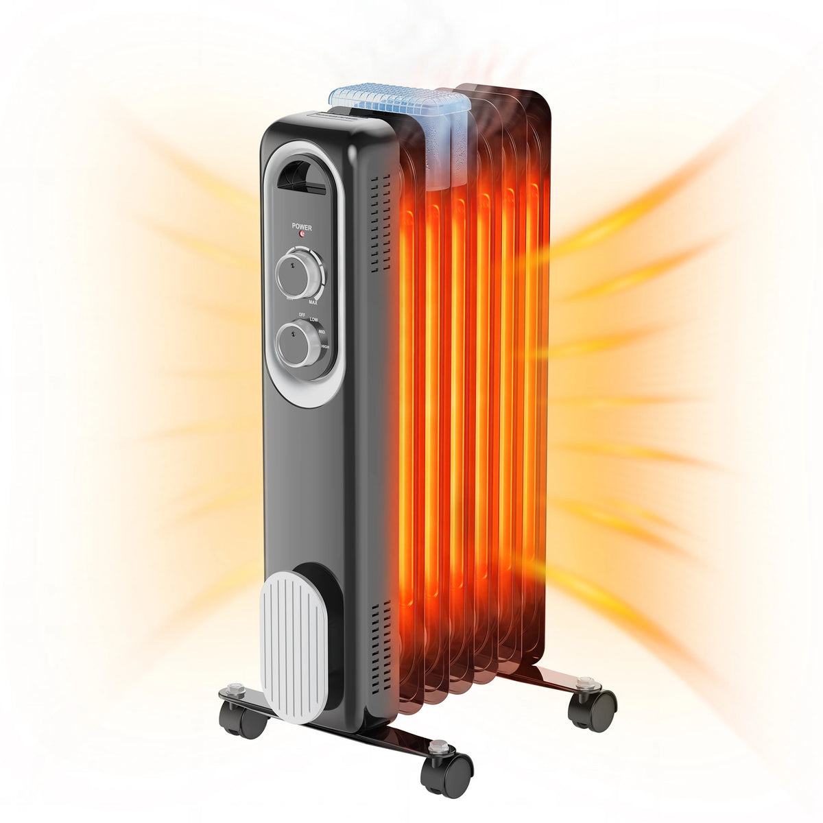 JHK 1500W oil-filled radiator space heater, white portable unit with caster wheels