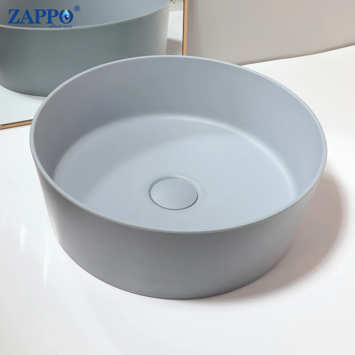 ZAPPO vessel bathroom sink with drain, round gray stone-resin bowl by S And B Enterprise.