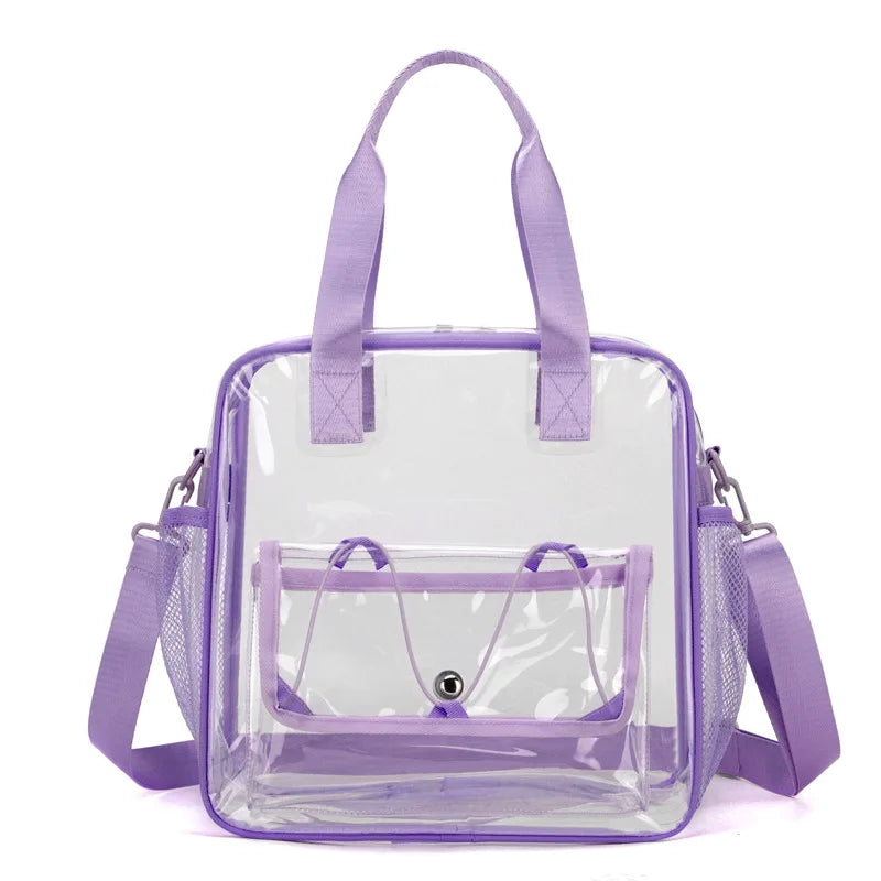 S And B Enterprise PVC transparent swimming bag with purple trim, handles and crossbody strap