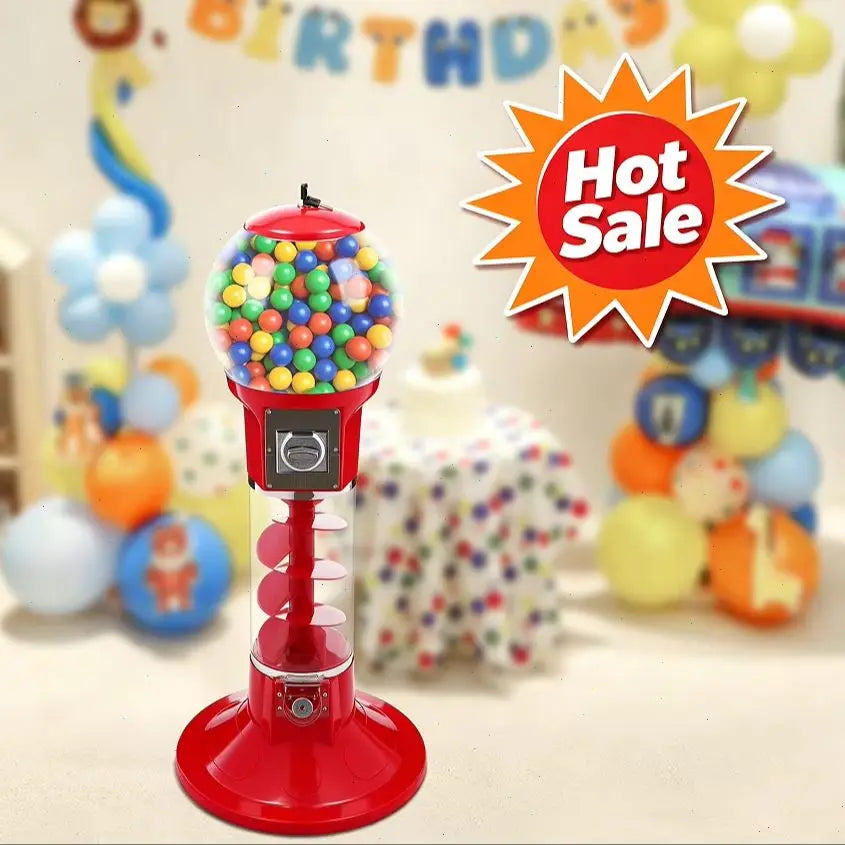 Twister Ball Vending Machine, freestanding red with a clear, colorful ball hopper, holds 300 capsules and 800 balls