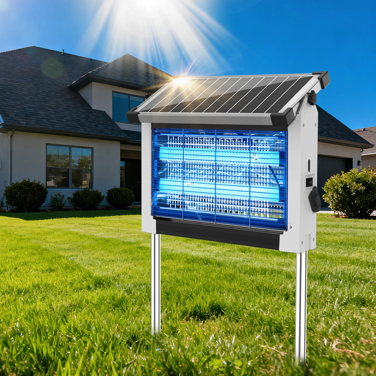 Solar bug zapper outdoor, 4500V mosquito zapper with panel sensor, waterproof, blue UV grid.