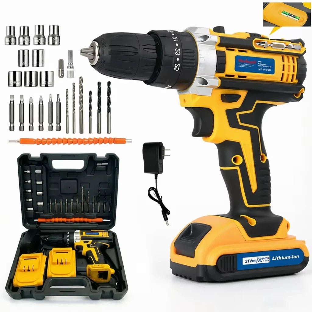 S And B Enterprise 21V cordless drill and impact driver kit with yellow and black body, bit set, charger, and case