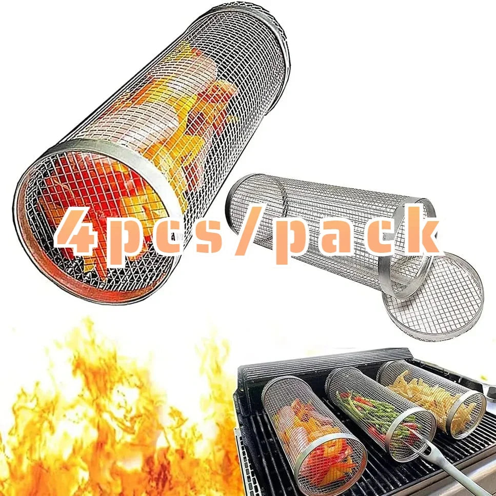 Stainless steel cylindrical BBQ grill baskets, 4-pack, leak-proof mesh, by S And B Enterprise for outdoor grilling
