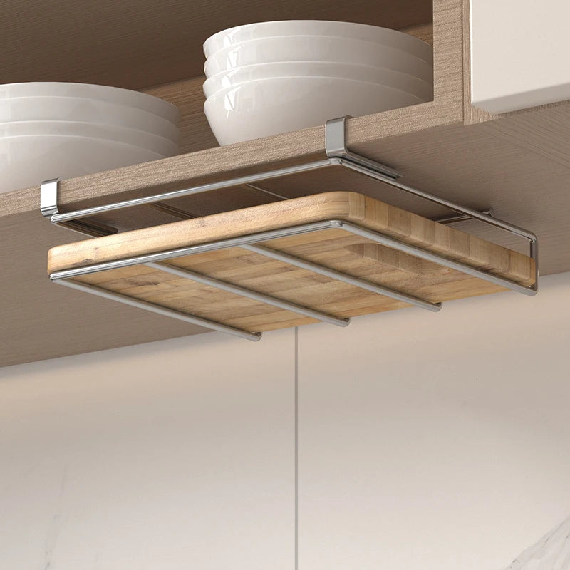 Under-cabinet stainless steel cutting board organizer with hanging rack and wooden cutting boards