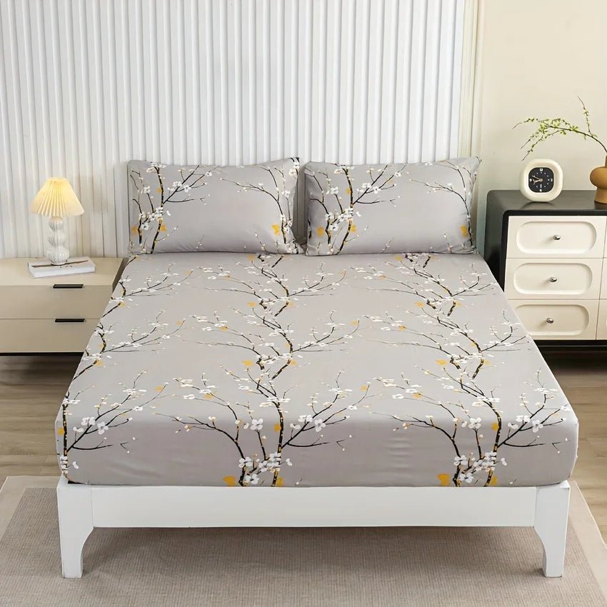 Floral Printed Fitted Sheet Set With 2 Pillowcases Deep Pocket by S And B Enterprise