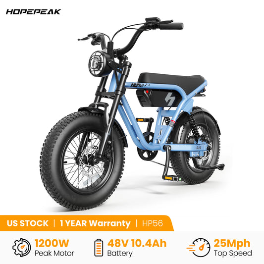 Hopepeak D10 electric bike with blue frame, fat tires, and full suspension.