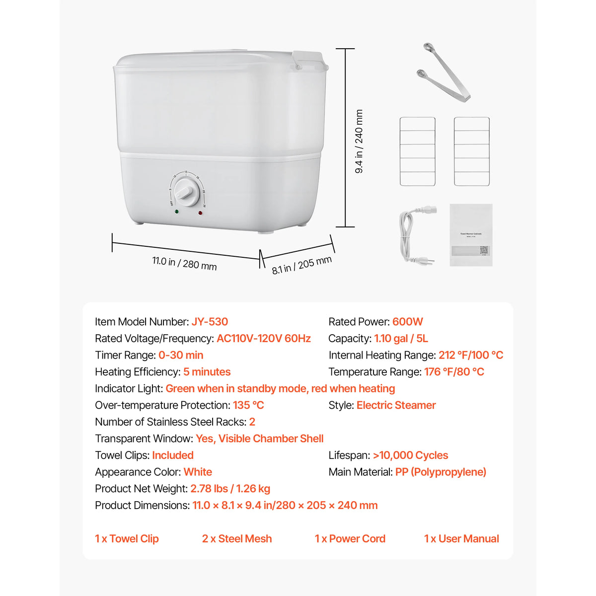White hot towel warmer with clip; portable electric facial steamer for spa or barber use, 1.1/5/10 gal capacity.