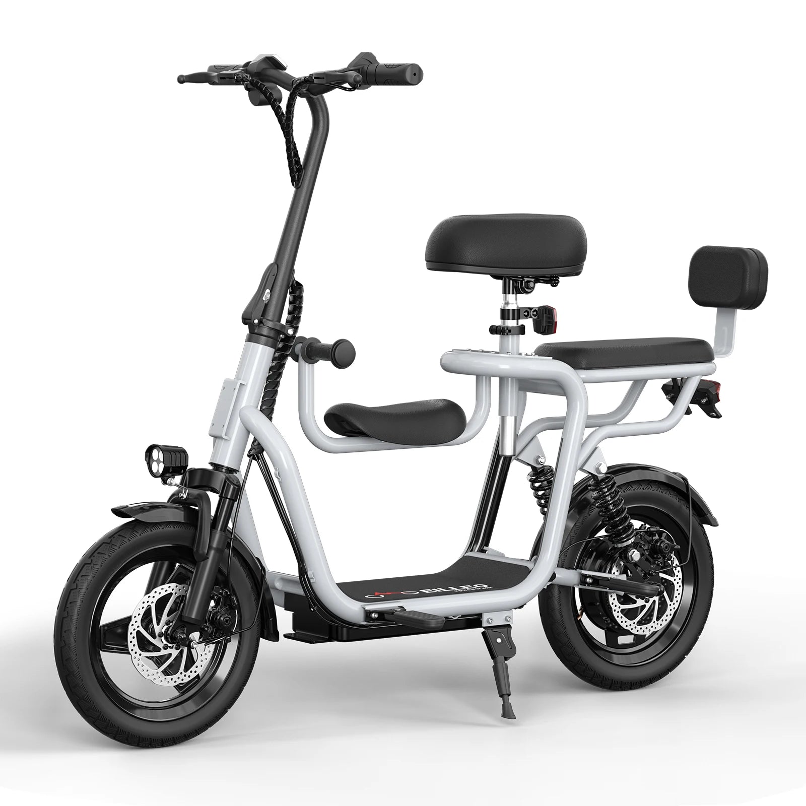 Electric scooter with adjustable seat for adults, gray frame and black padded seats, by S And B Enterprise