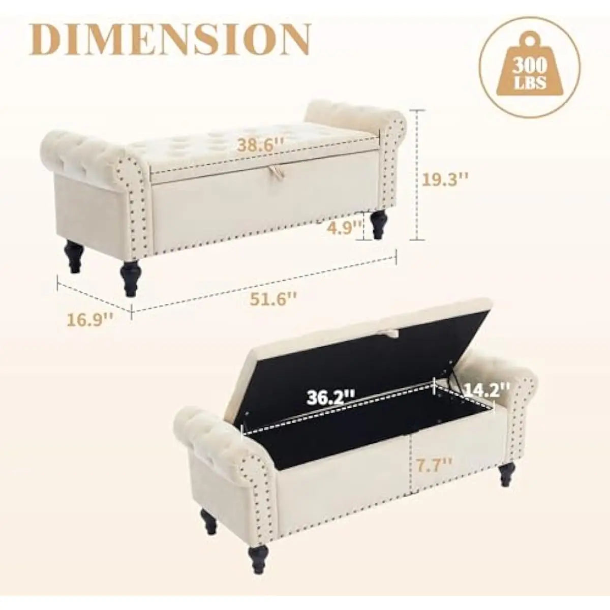 51-inch storage bench for bedroom, beige chenille upholstery with nailhead trim and lift-top storage.