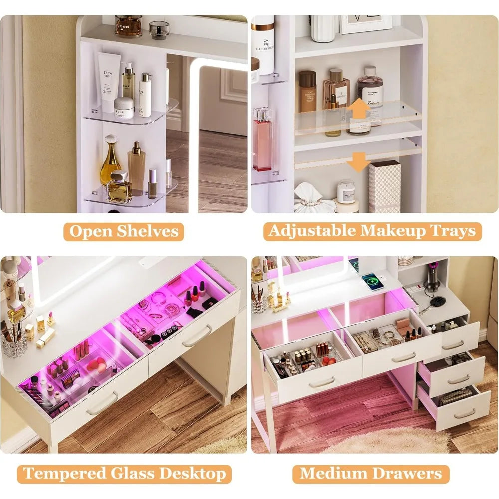 Glass Top Vanity Desk With LED Mirror And Wireless Charging by S And B Enterprise