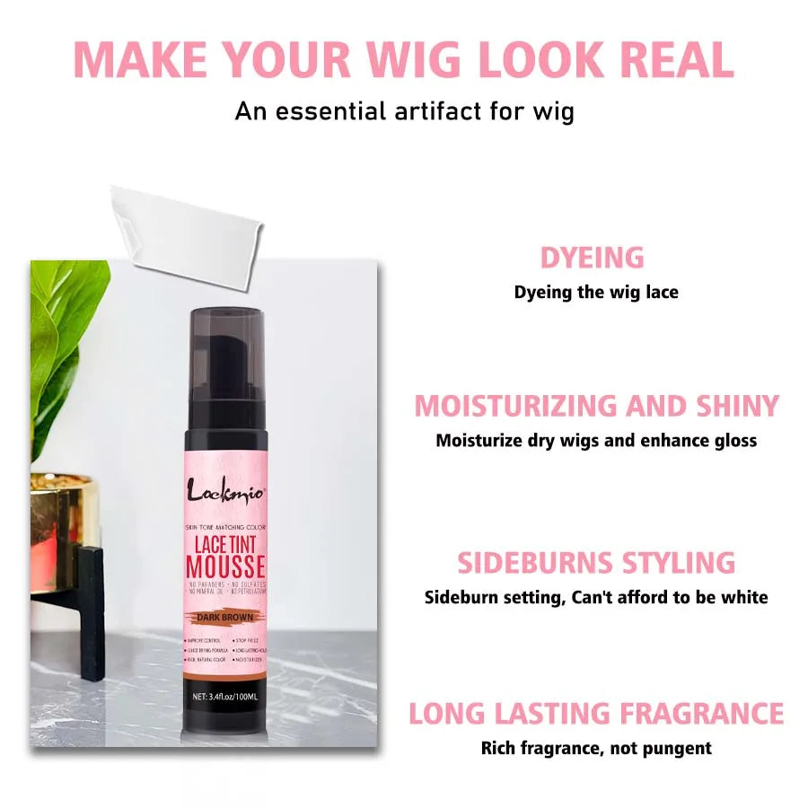 Lace Tint Mousse bottle by S And B Enterprise, dark brown shade, wig styling kit component