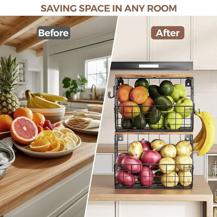 Stackable Metal Fruit Basket With Wood Lid Wall Organizer