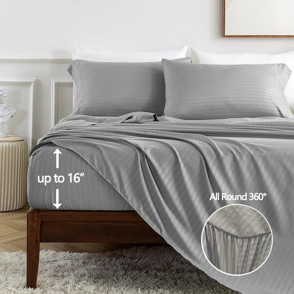 Battilo Bed Sheets 4-Piece Set by S And B Enterprise in grey solid-stripe fabric with pillowcases