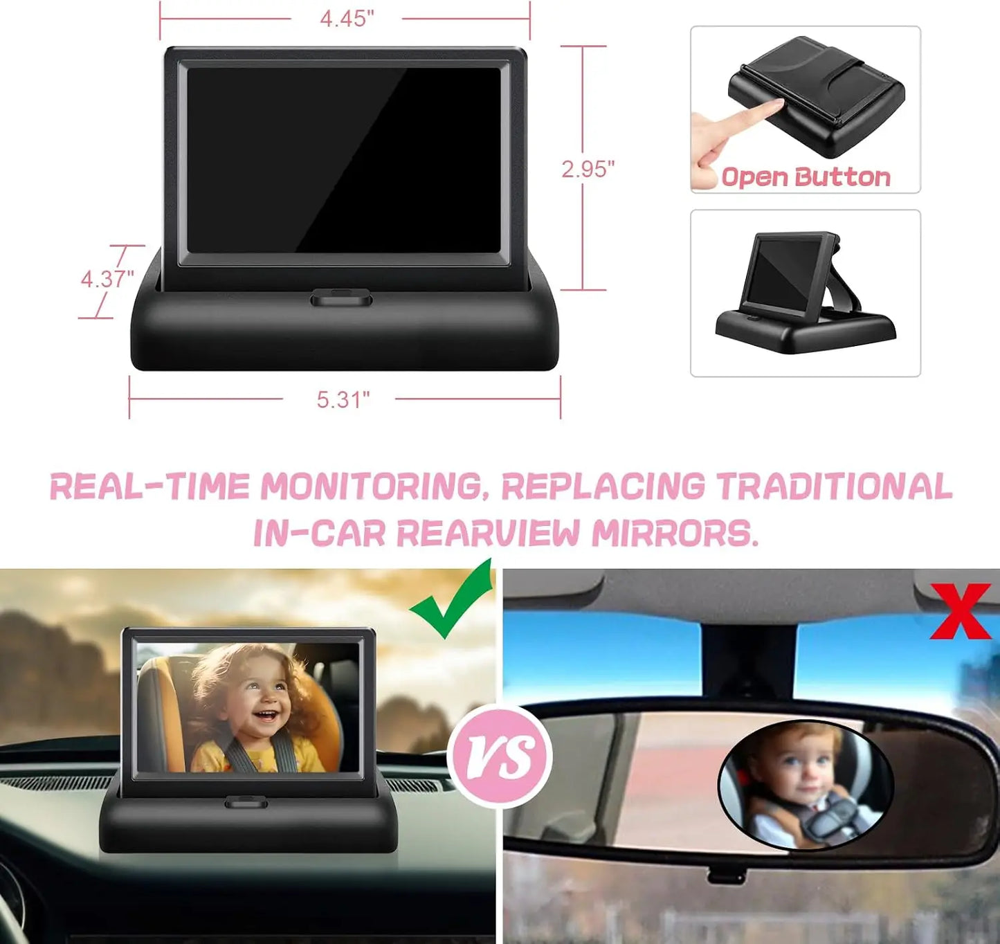 Baby car camera by S And B Enterprise with 4.3-inch USB-powered monitor, 1080P rear-facing, 150° wide-angle night-vision.