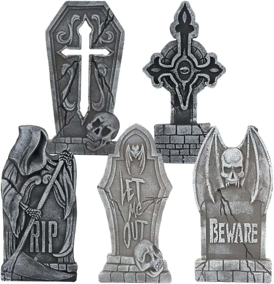 S And B Enterprise 17in Halloween foam tombstones, 5-pack with skull and cross designs, includes 12 metal stakes for outdoor graveyard decor
