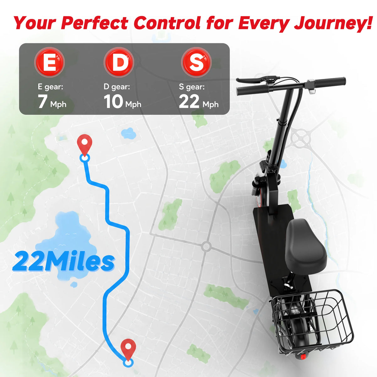 Electric folding bike with front basket seen from handlebar view, black frame.