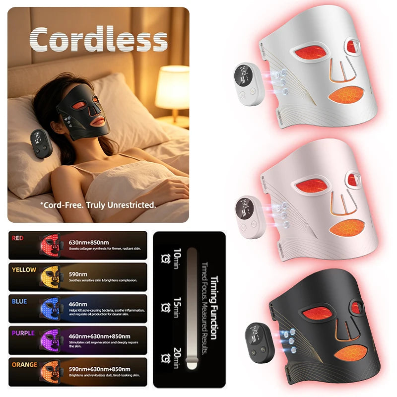 LED Wireless Mask Face, Repairs Skin, 5 Colors Red Light Mask, Skin-Friendly Silicone, 312LED Lifting Facial Quality, Women Gift