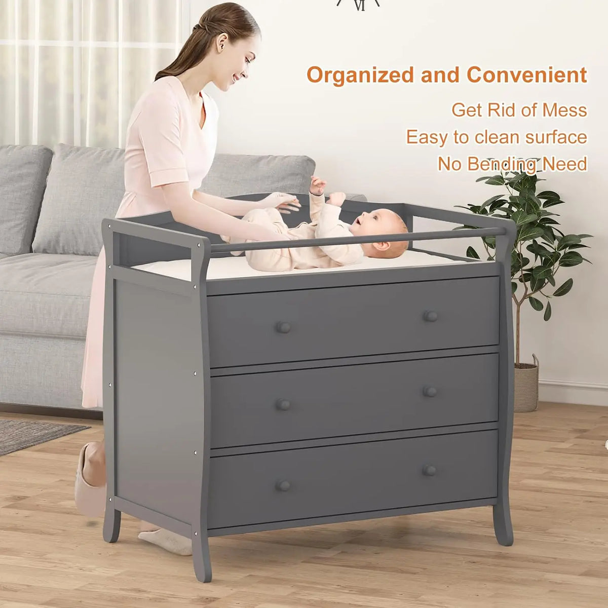3-drawer gray wooden baby changing table with side rails and safety belt by S And B Enterprise