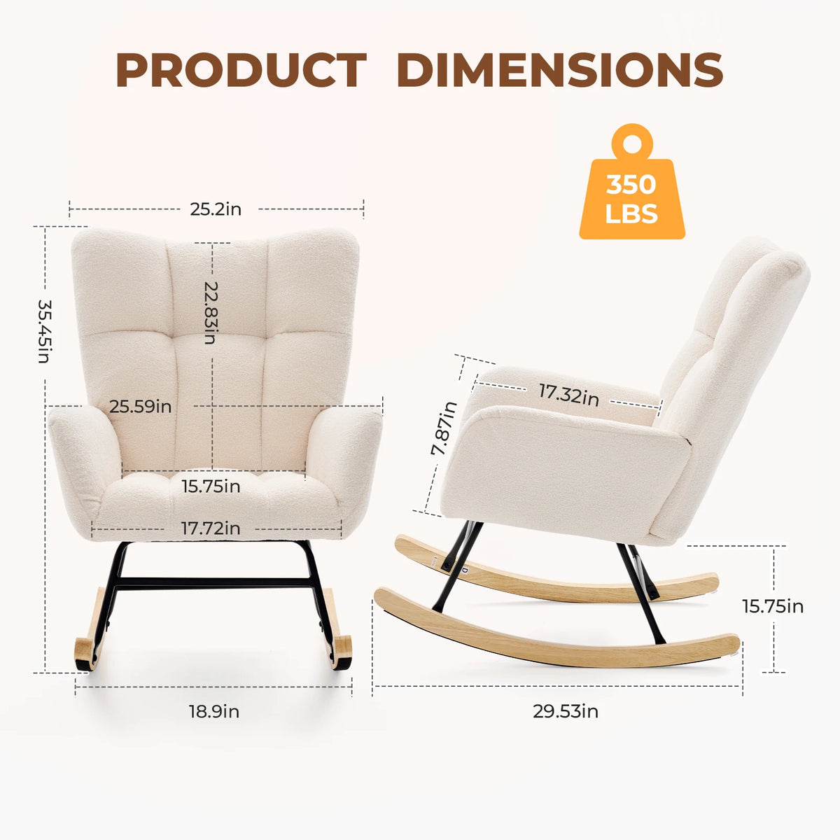 S And B Enterprise JHK Teddy upholstered saucer rocking chairs with high backs, beige fabric and metal frames; set of 2.