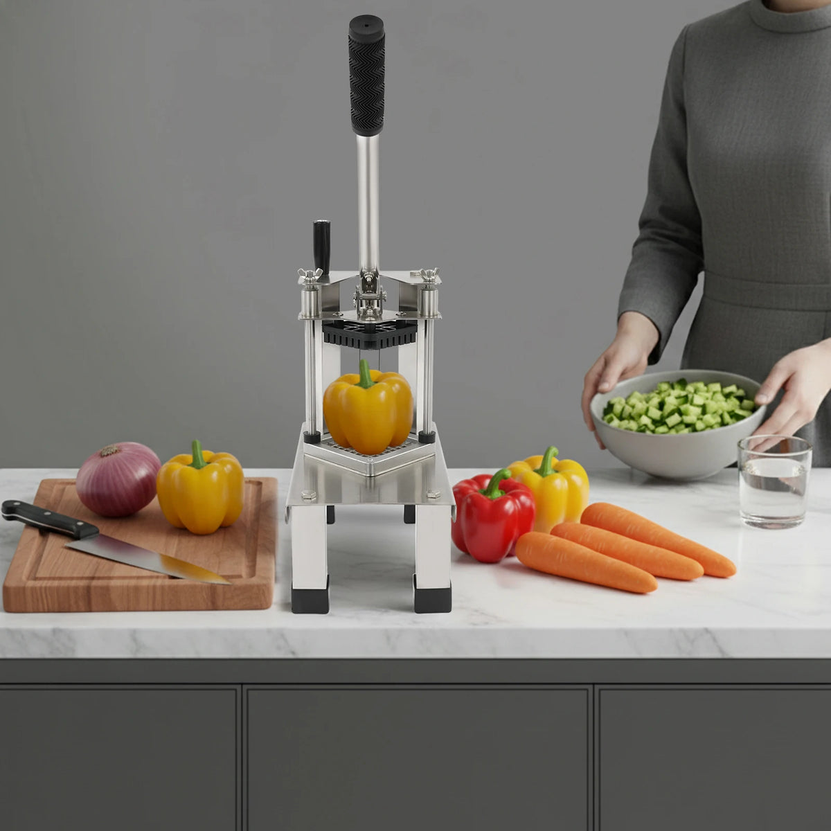 French Fry Cutter by S And B Enterprise; stainless steel professional potato slicer with 1/4, 3/8, 1/2 inch blades.