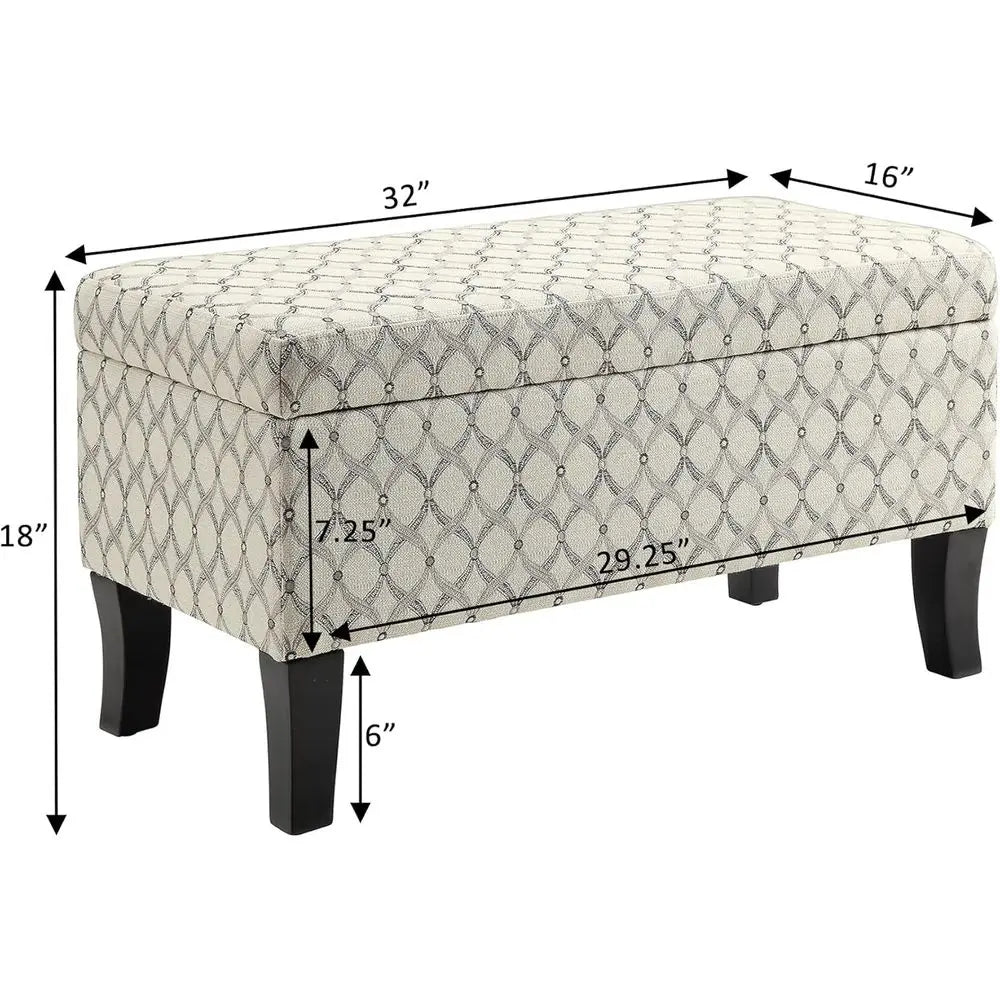 Storage ottoman bench 32in by S And B Enterprise in neutral ribbon-patterned upholstery with dark legs