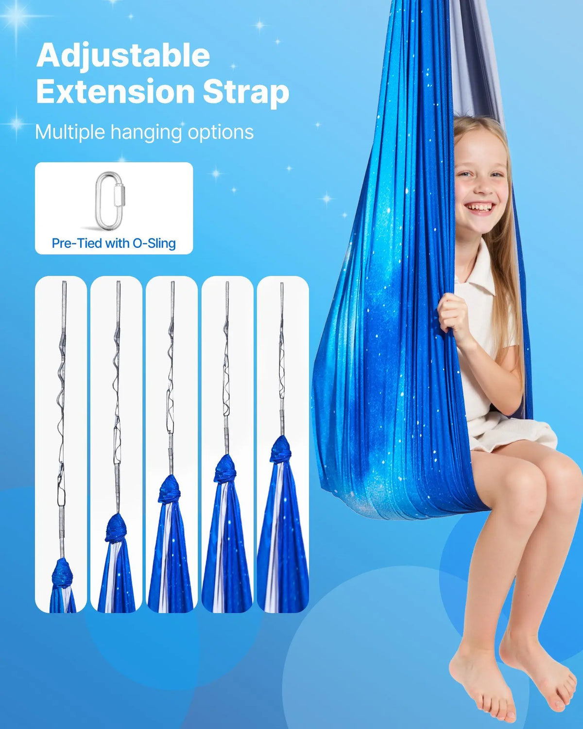 Sensory Swing with adjustable extension strap and O-Sling; blue double-layer fabric hammock for kids.