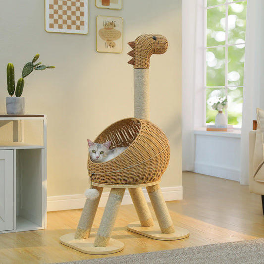 Dinosaur Cat Tree Tower in natural wicker with sisal-wrapped posts; cat in woven basket nest.
