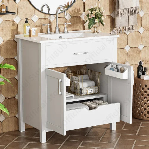 30" Small Bathroom Vanity Sink Soft Close Doors Cabinet Storage Undermount Ceramic Sink Organizer Cabinet for Compact Bathroom
