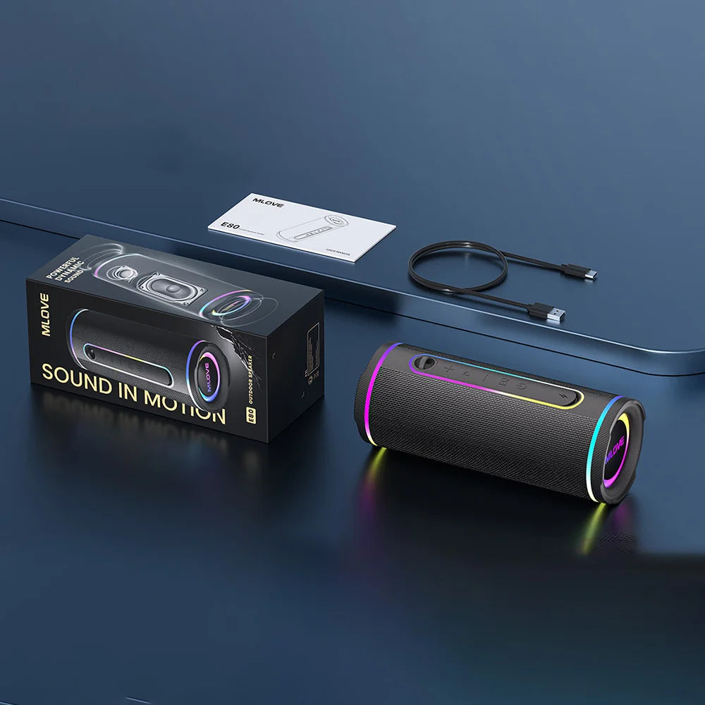 MLOVE E80 portable Bluetooth speaker with colorful RGB lighting, IPX7 waterproof and TWS enabled