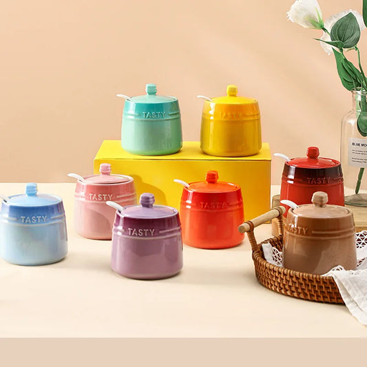 TASTY ice-cream gradient ceramic seasoning jars set with lids and spoons in rainbow colors, 8 pieces