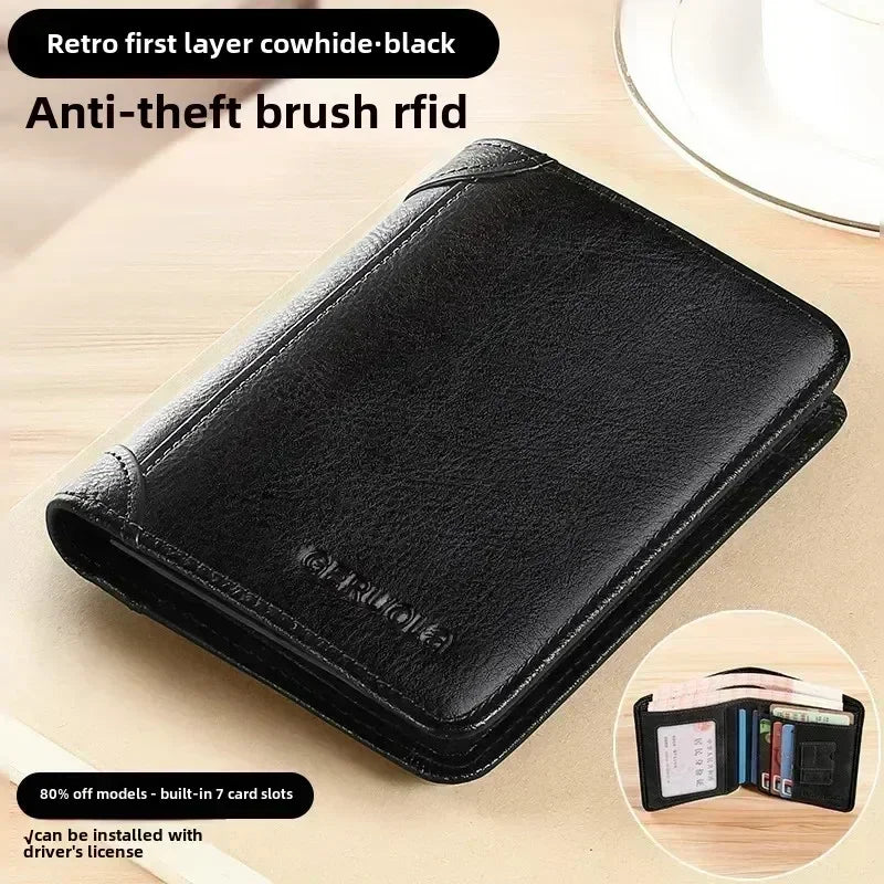 HEONYIRRY Genuine Leather RFID Blocking Trifold Wallet For Men