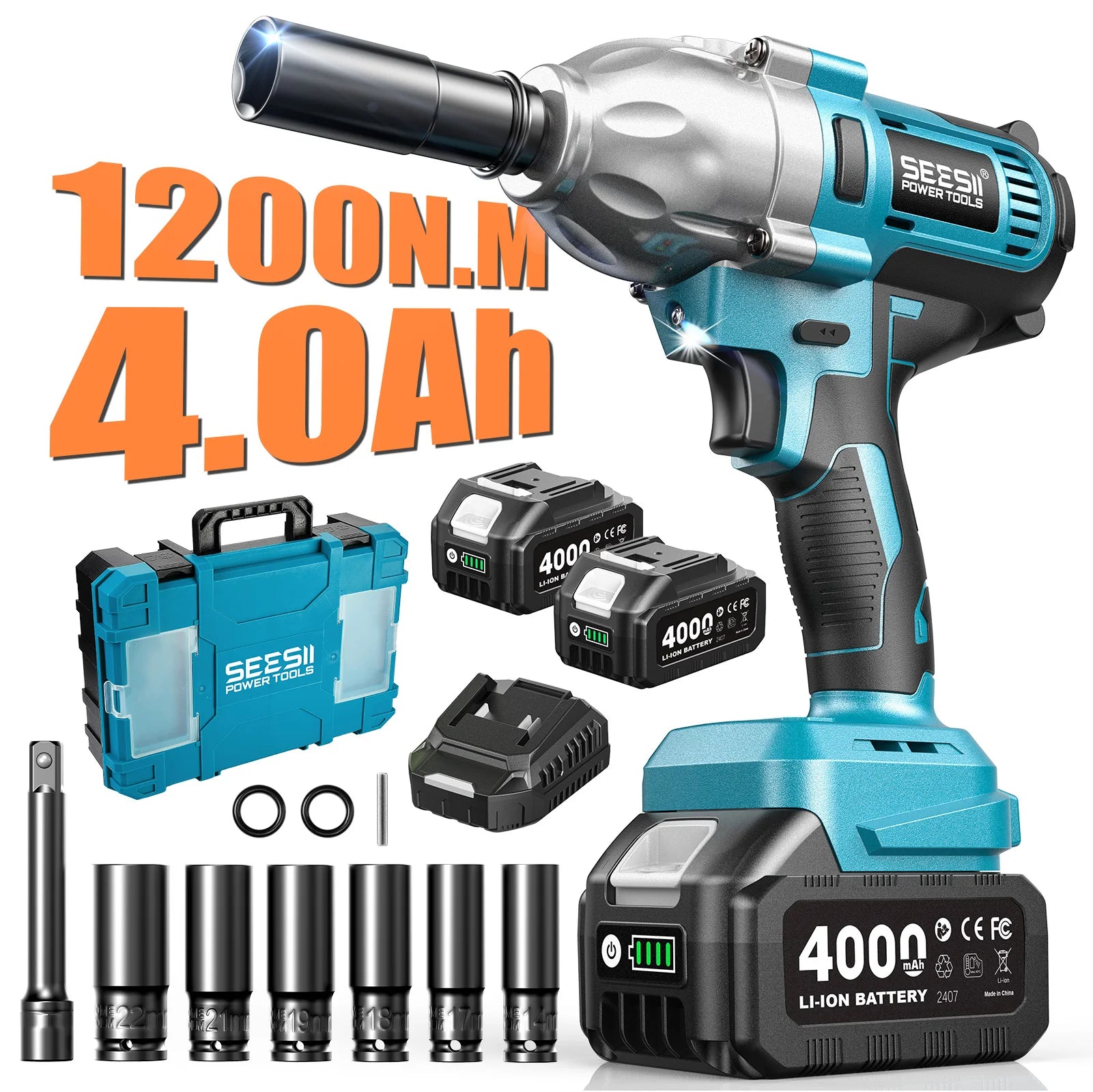 Seesii Impact Wrench 1200N.m 1/2 High Torque Electric Impact Driver Gun Cordless with 21V 2x4.0Ah Battery 6 Sockets Removal Tool by S And B Enterprise