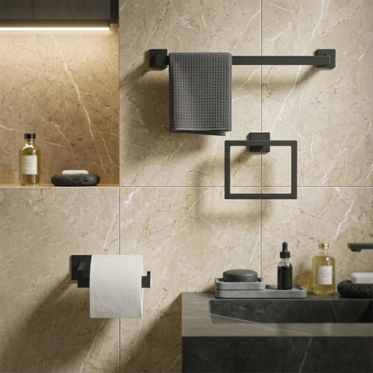Wall mounted bath linen hanging kit by S And B Enterprise; 2-piece matte black stainless steel towel rack set