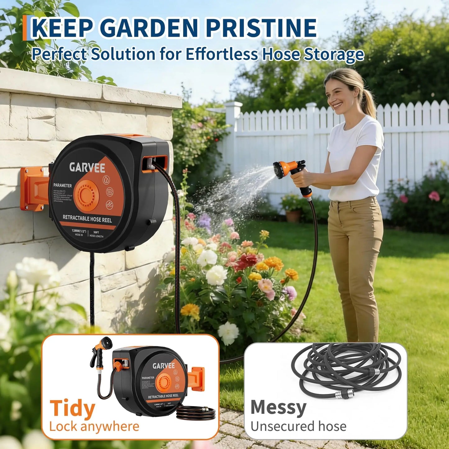 HiMISSG Retractable Wall-Mounted Garden Hose Reel With 10-Pattern Nozzle
