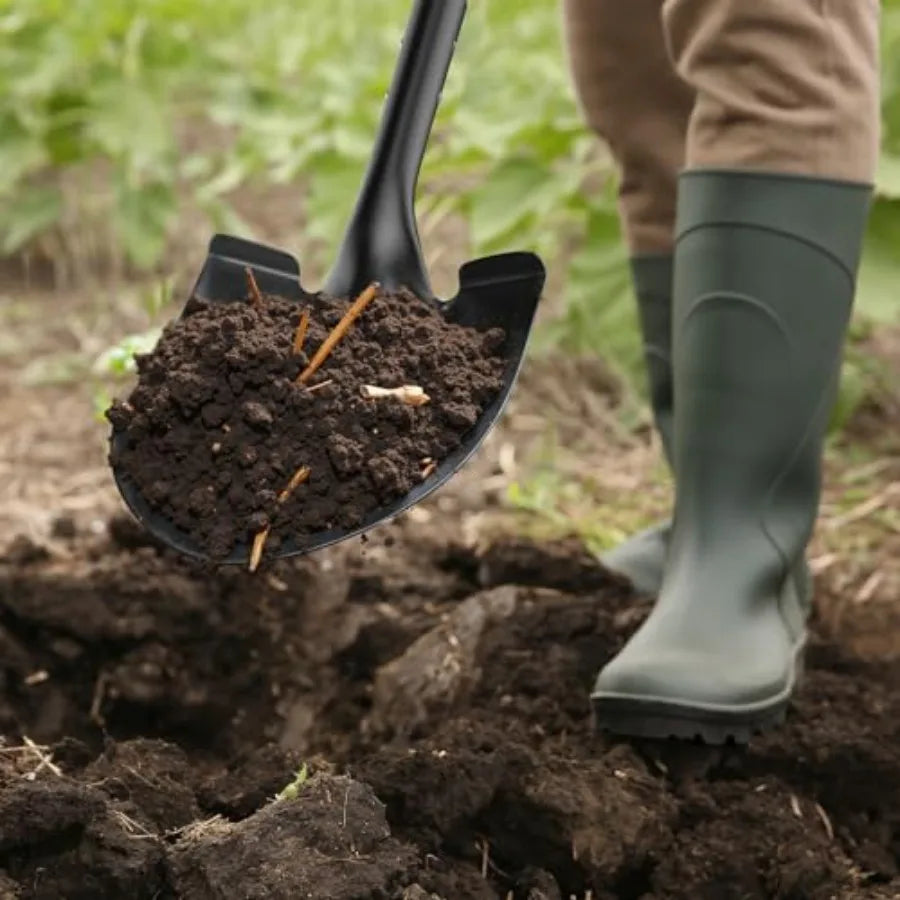 Heavy duty garden shovel with 41-inch round-point blade and D-handle, cold-rolled steel