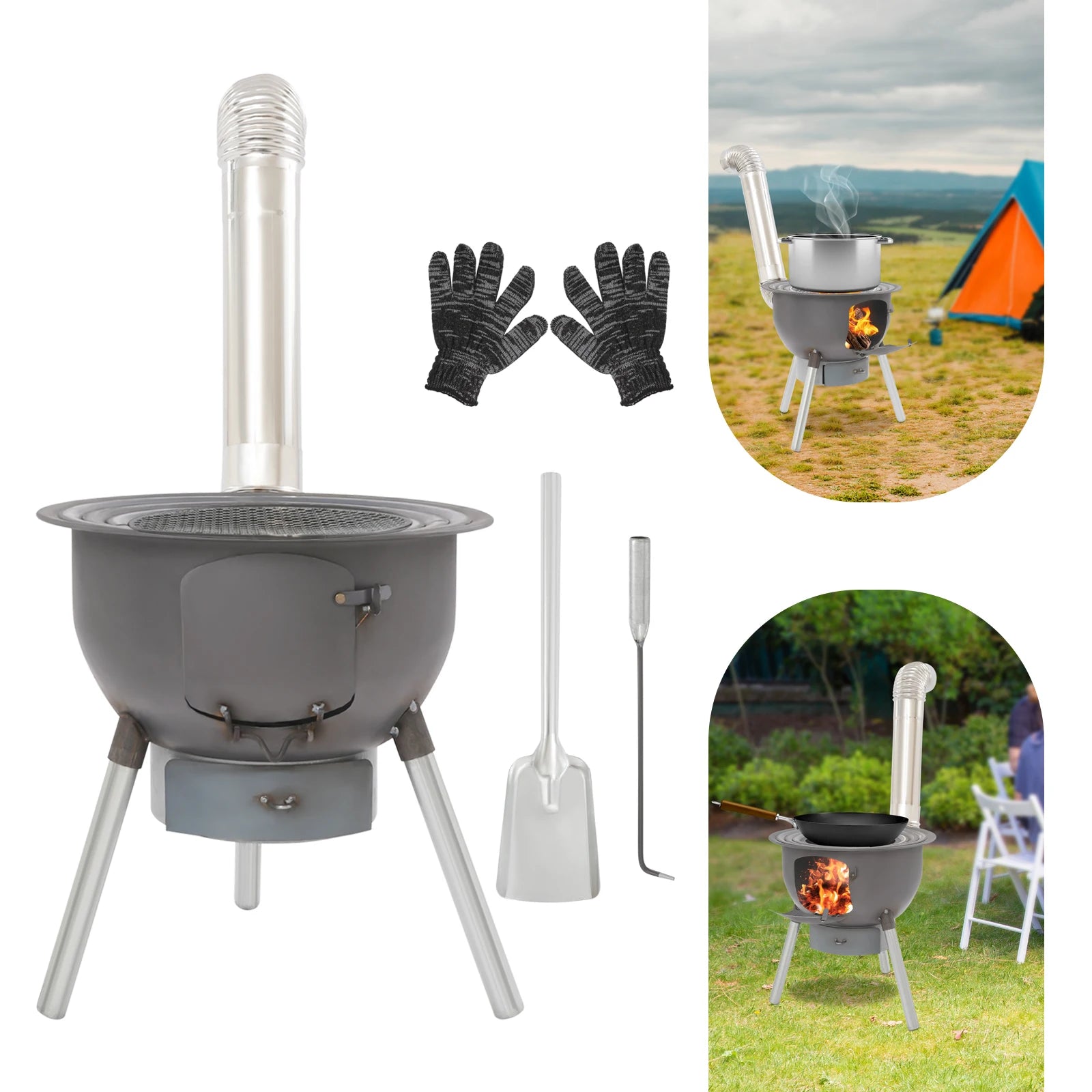 Portable Camping Wood Stove Multifunction Fire Pit with Grill Grate 3 Pot Rings Ash Tray for Outdoor Picnic Backyard BBQ Heating by S And B Enterprise