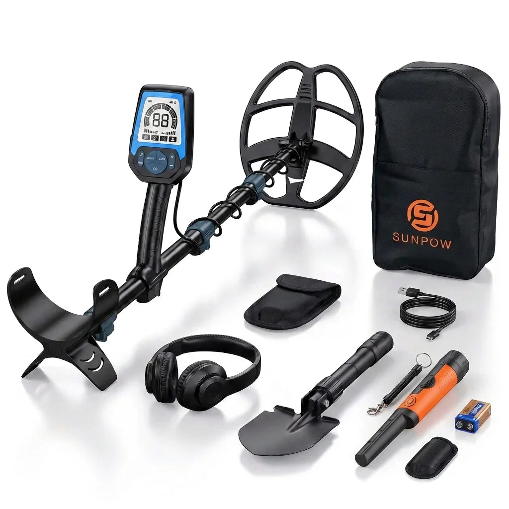 SUNPOW underground metal detector kit with pinpointer, 10-inch coil, LCD display; includes digging tool