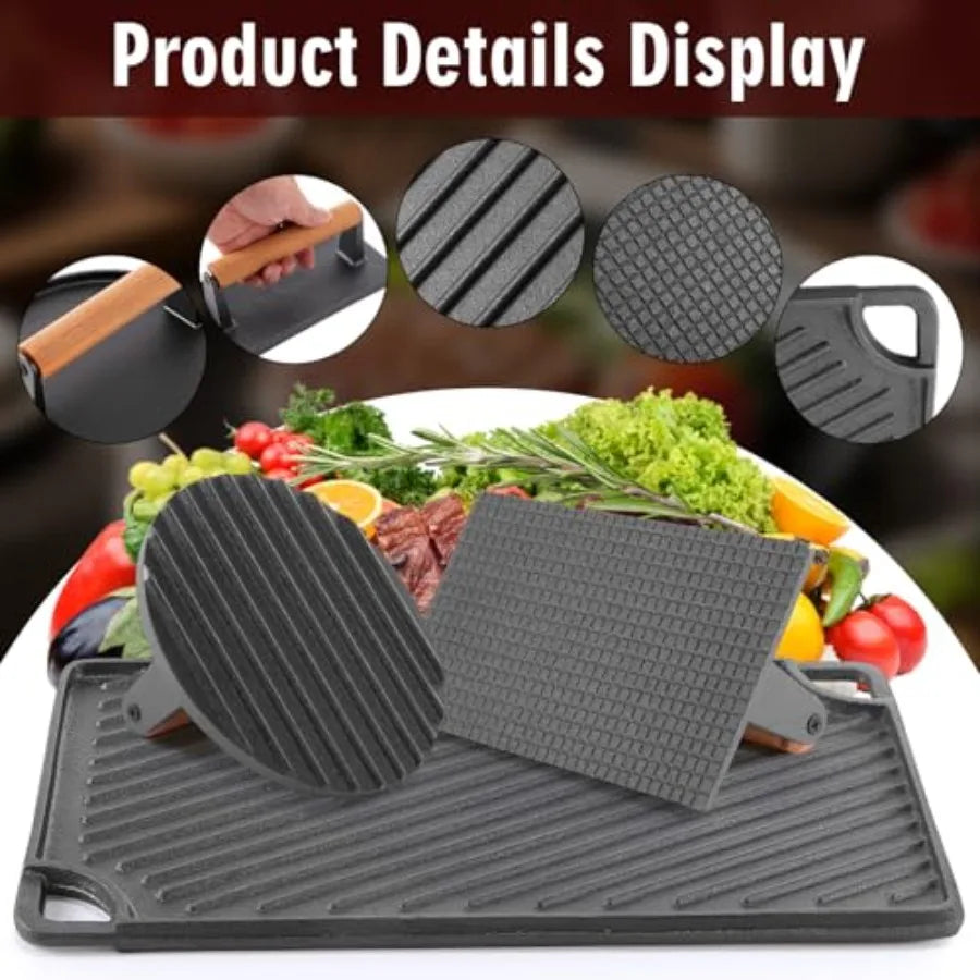 YAO HUI HUANG 3-in-1 Cast Iron Grill Press Set Dual-Sided