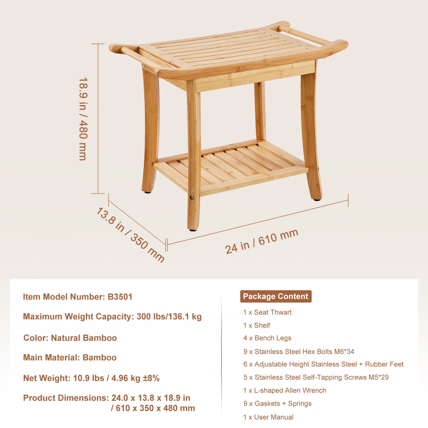 SucceBuy Bamboo Shower Bench 19.1x11.3x18.3 in Waterproof Shower Stool Chair with Storage Shelf 330lbs Load Capacity Spa Seat by S And B Enterprise